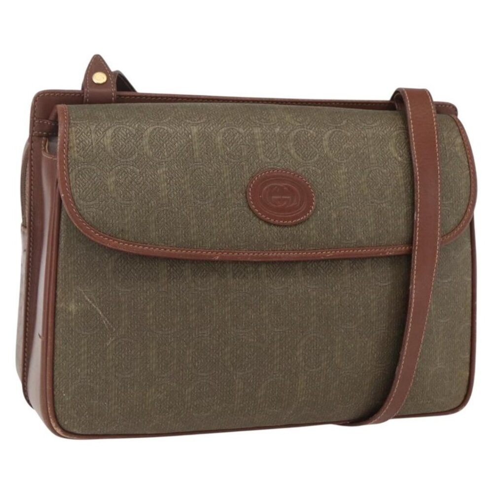 Authentic GUCCI Shoulder Bag Leather Canvas Brown Gold